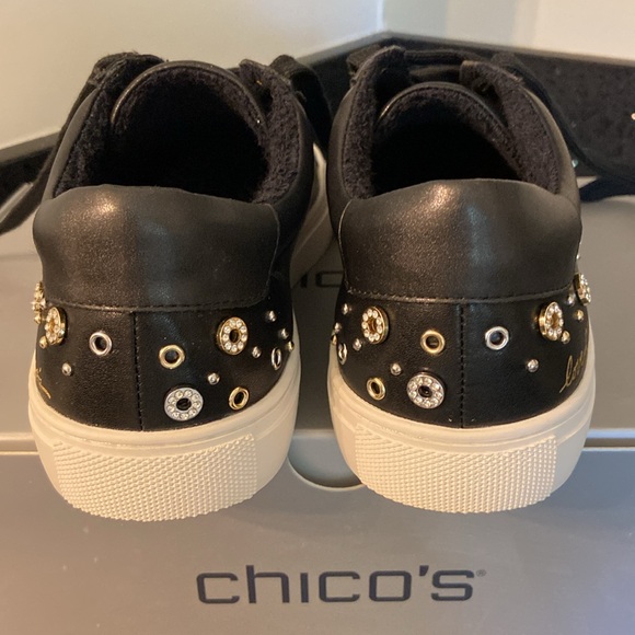 NIB Chico’s Black w/ Gold & Silver Metallic Rivets, Beads, Pave ILIMA Sneakers - Picture 4 of 15